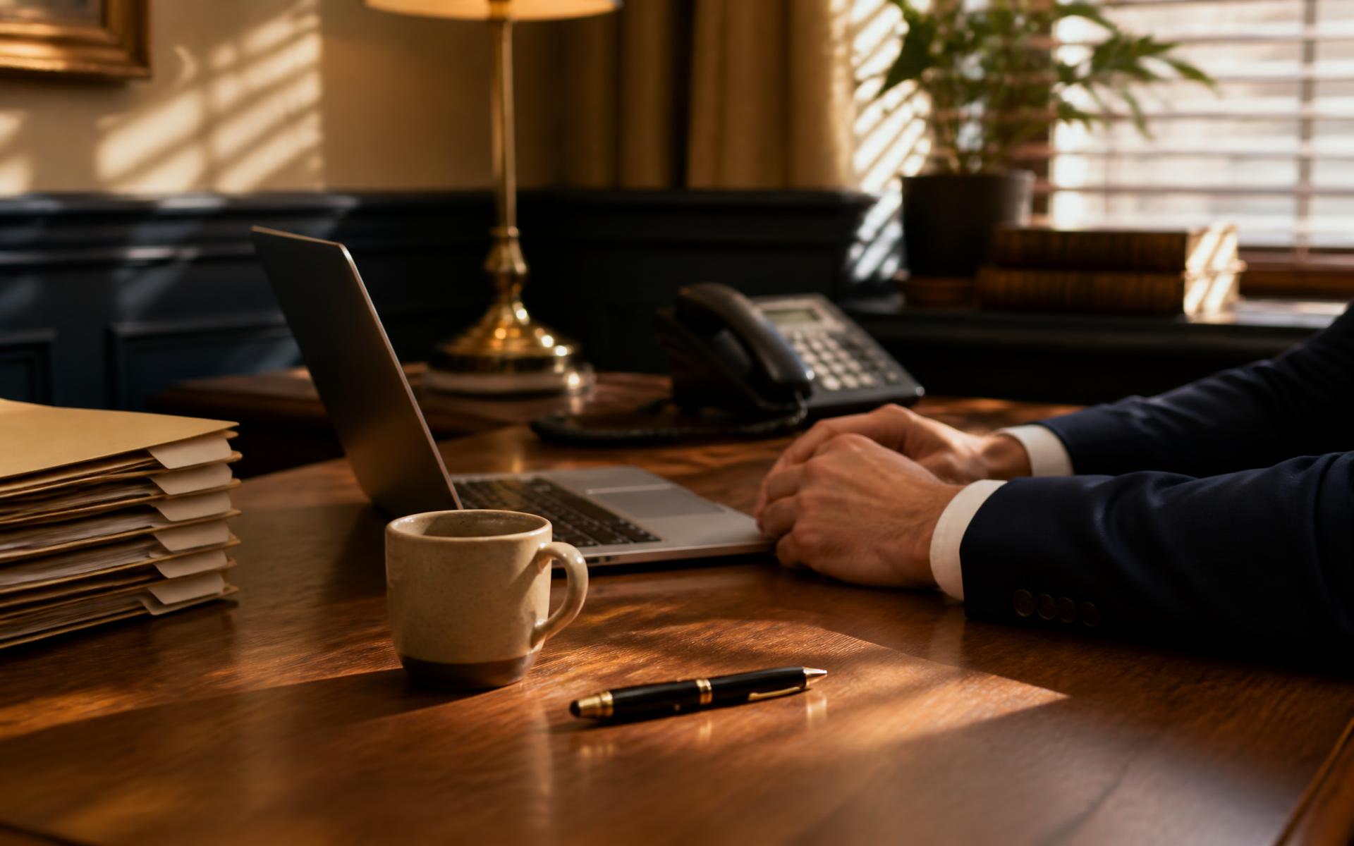 A warmly lit office desk with a laptop, telephone, and labeled client folders.